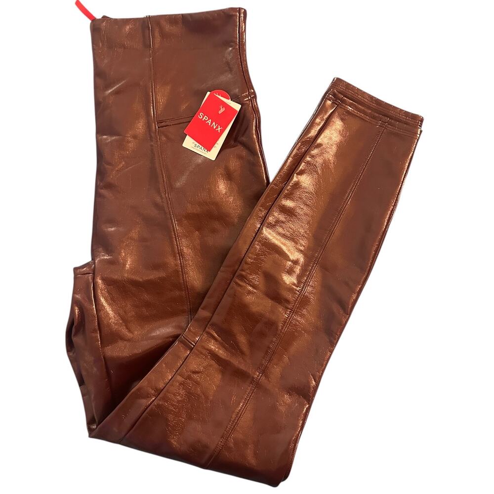 Spanx Leggings Ruby Womens Large Red Brown Faux Patent Leather High Rise Pants
